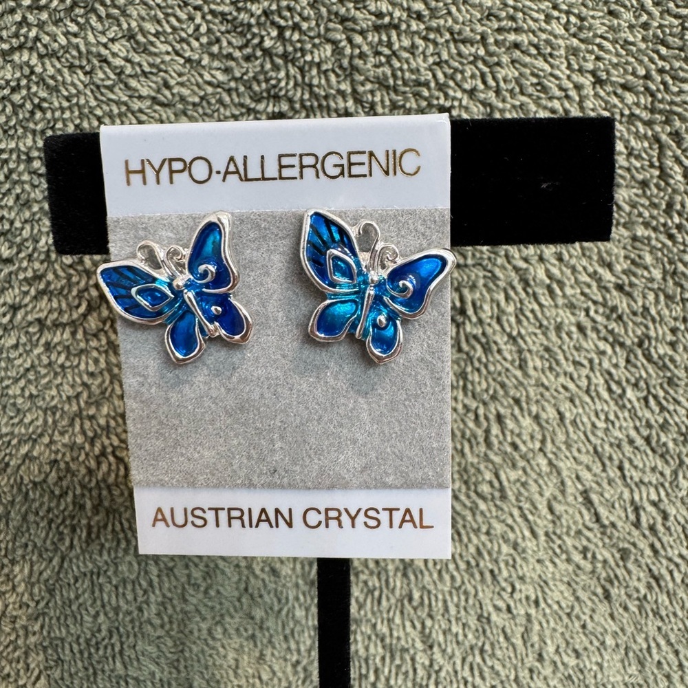 Butterfly Blue Iridescent Pierced Earrings, New, Never worn Great Easter Gift - Picture 3 of 5